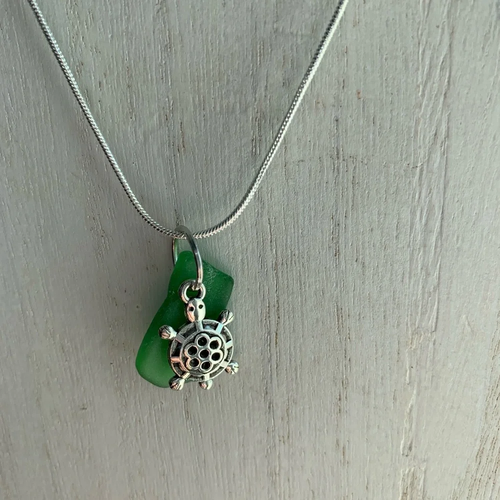 Real sea glass pendant, bright green piece with sea turtle charm